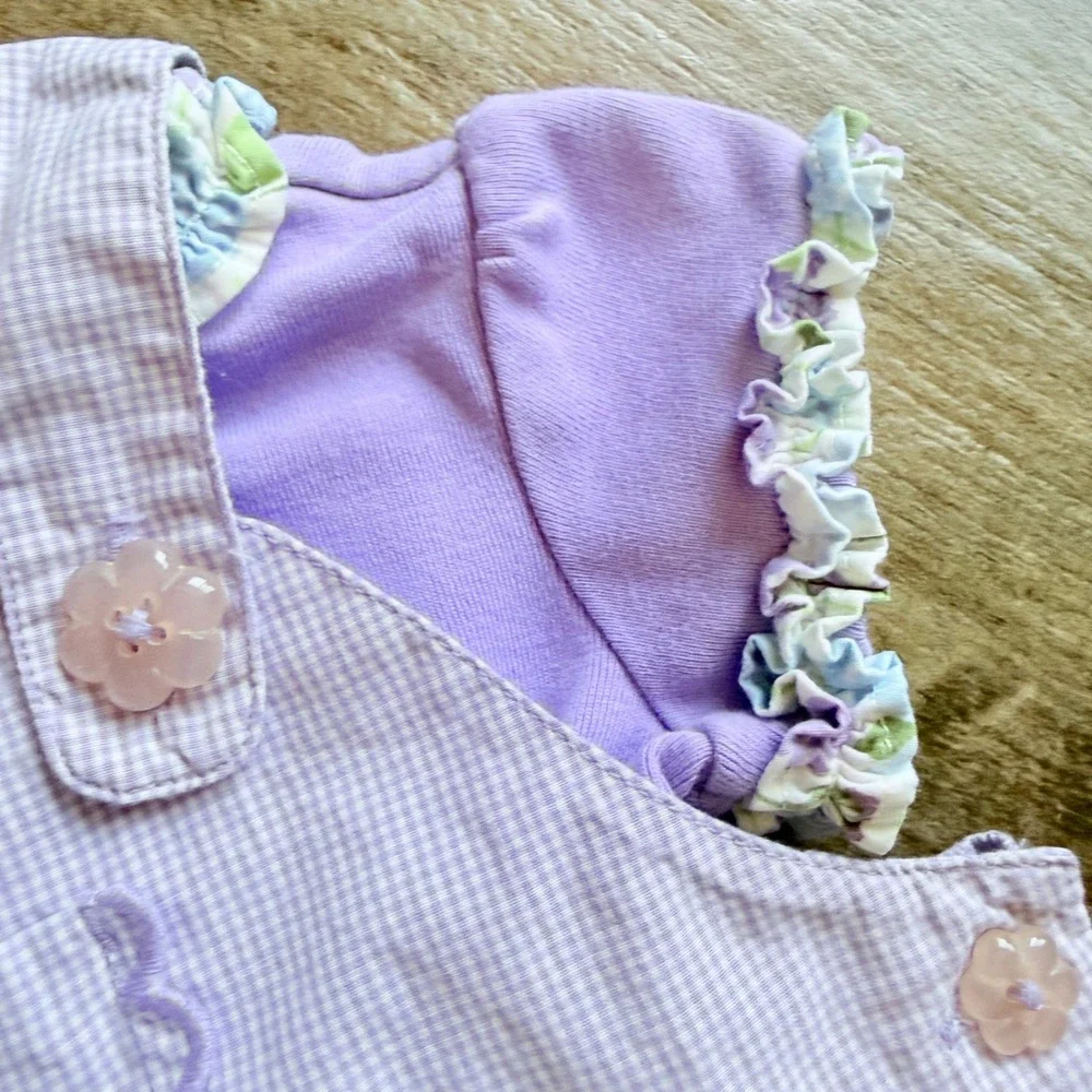 Gymboree Baby Girl 2006 Dragonfly Gingham Ruffle Overalls 2pc Set, Purple, 6-12M - Picture 10 of 13